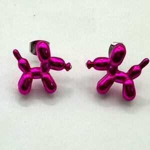 Metallic Hot Pink Balloon Animal Dog Earrings Pierced Modern Contemporary